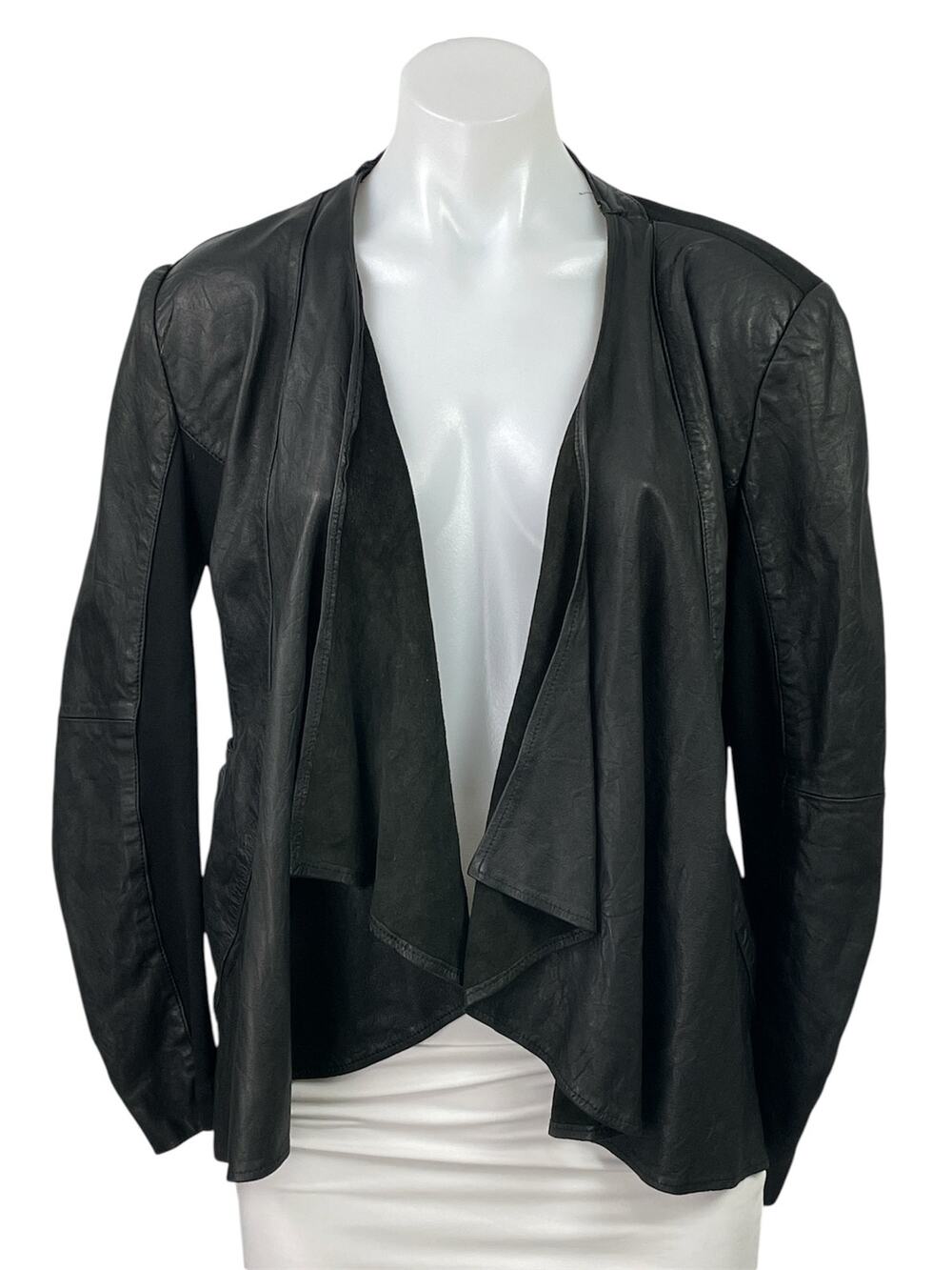 Wink 100% Leather Womens Black Draped Open Front Long Sleeve Moto Coat Jacket M